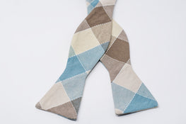 Blue, brown and tan plaid contemporary bow tie. Casual bow tie that resembles the beach. Soft Bow Tie