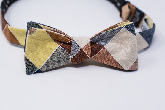 Unique bow tie. Blue tan and white bow tie. Plaid brown bow tie. Self-tie bow tie. gingham bow tie. Tied Bow Tie